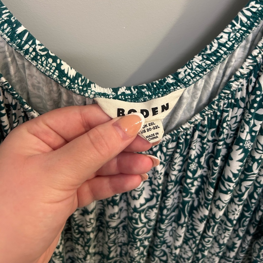Boden Green White Scoop Neck Jersey Knit Dress Size 20-22L Floral EUC AD 1022 - Picture 6 of 9